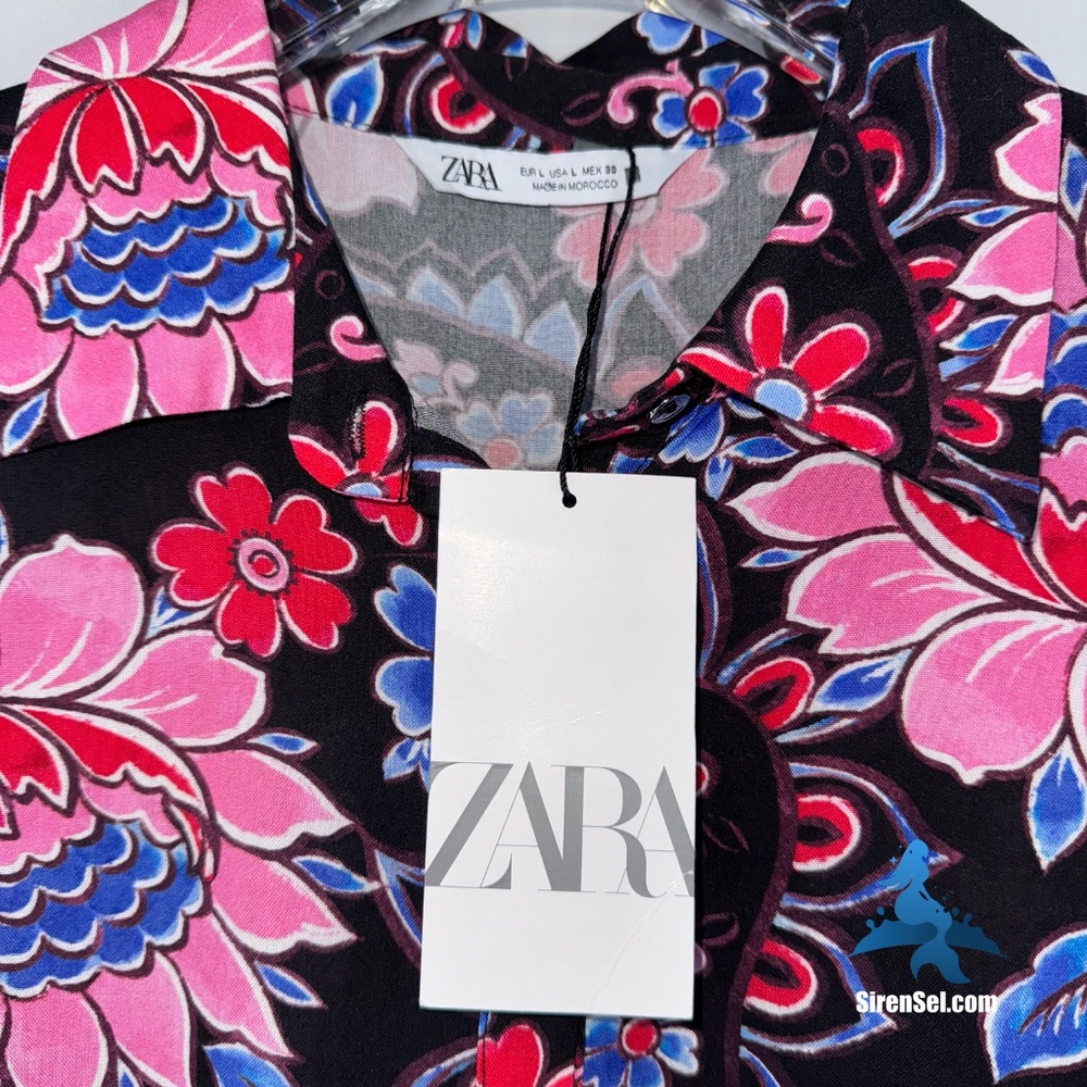 1127 NWT Zara Floral Tiered Shirt Dress Mini - L - Black Multicolor - Picture 7 of 16